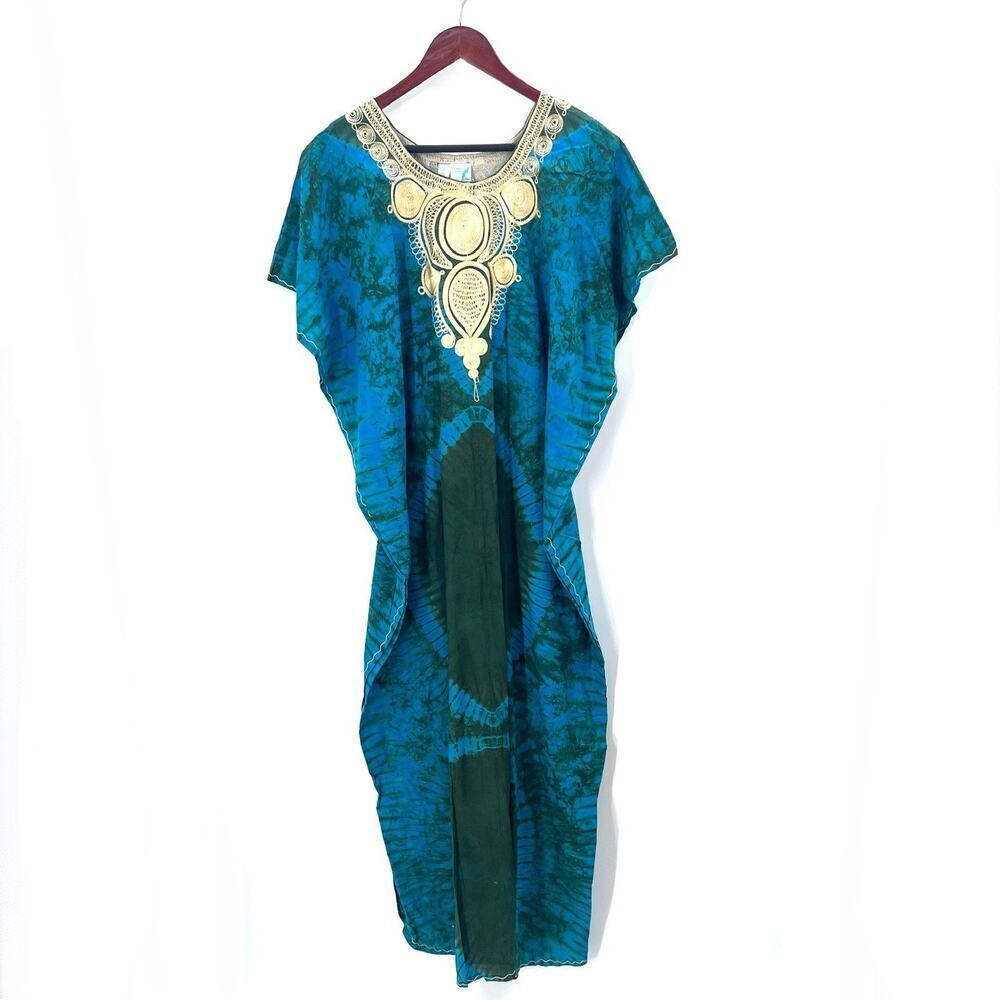 Vintage Stoneage Arts Boho Tie Dye Embroidered Mumu Kaftan Dress One Size
